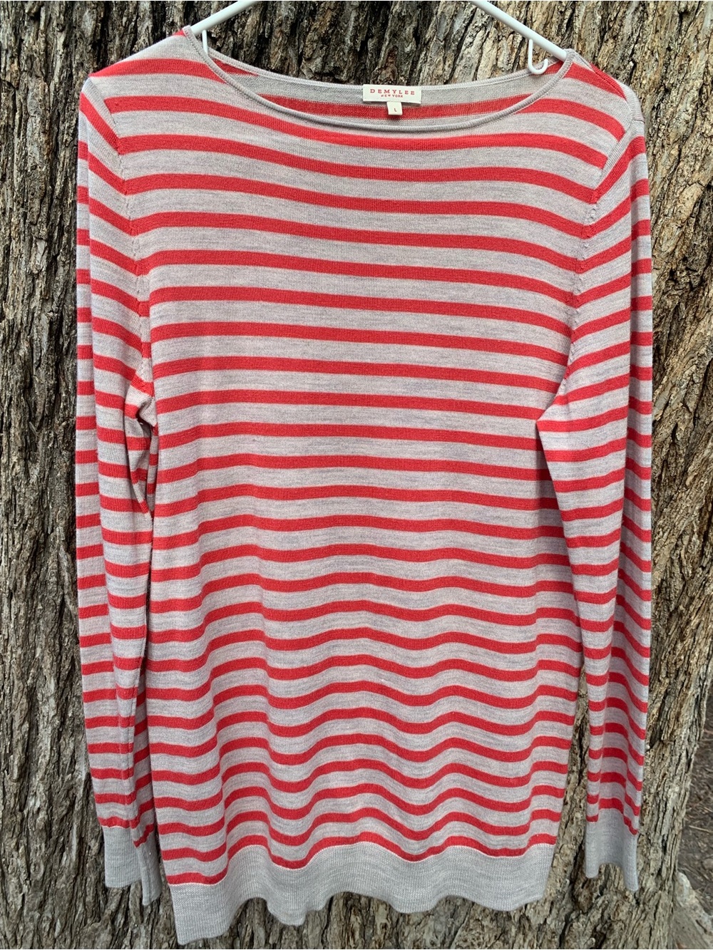 Boatneck Long-Sleeve Striped Tee - Coral and Light Gray